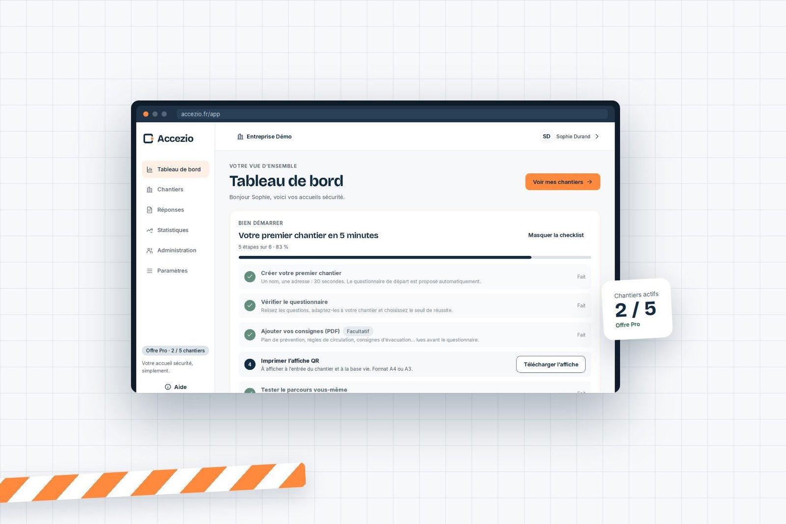 Tableau de bord Accezio avec la checklist de démarrage