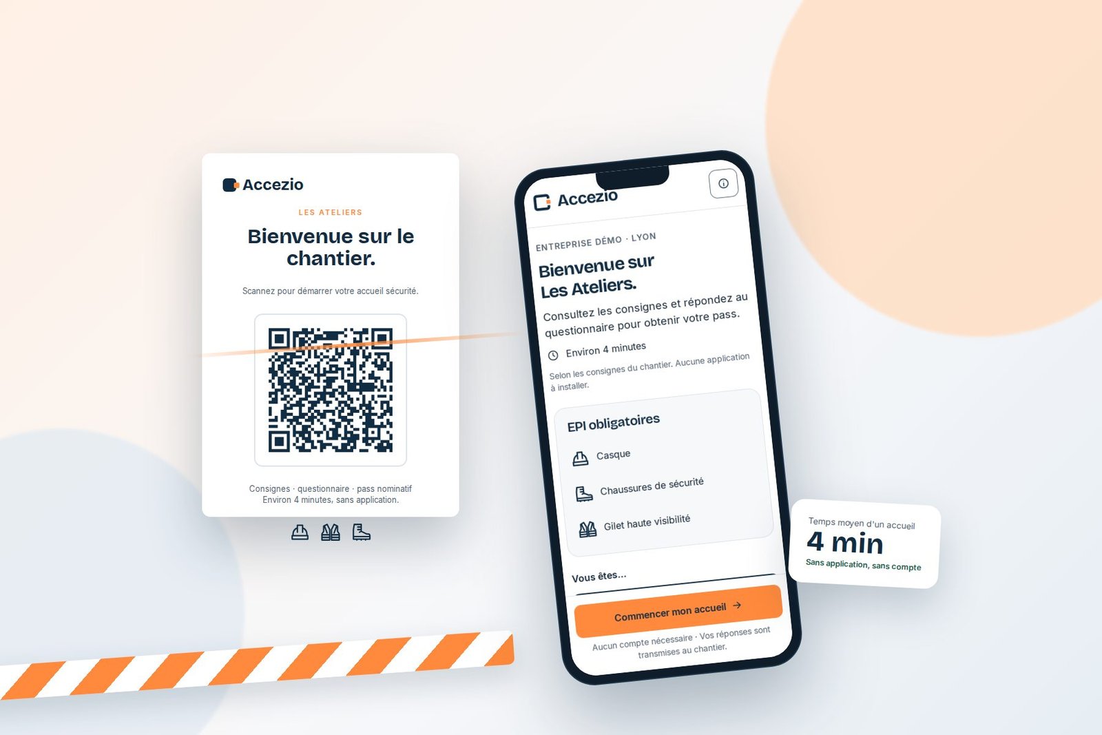 Affiche Accezio avec QR code à l’entrée du chantier et téléphone affichant l’accueil sécurité