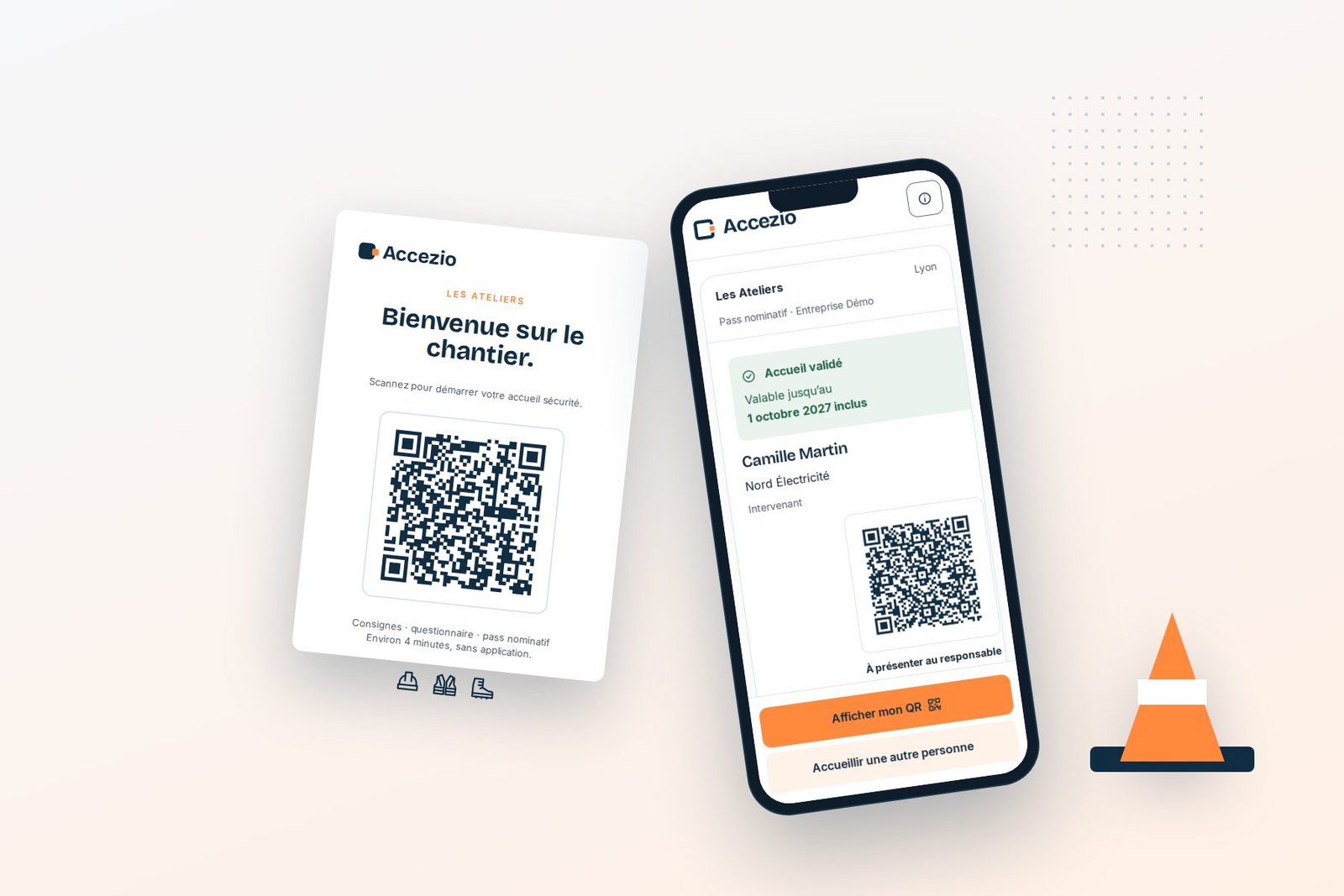 Affiche QR et téléphone affichant un accueil validé